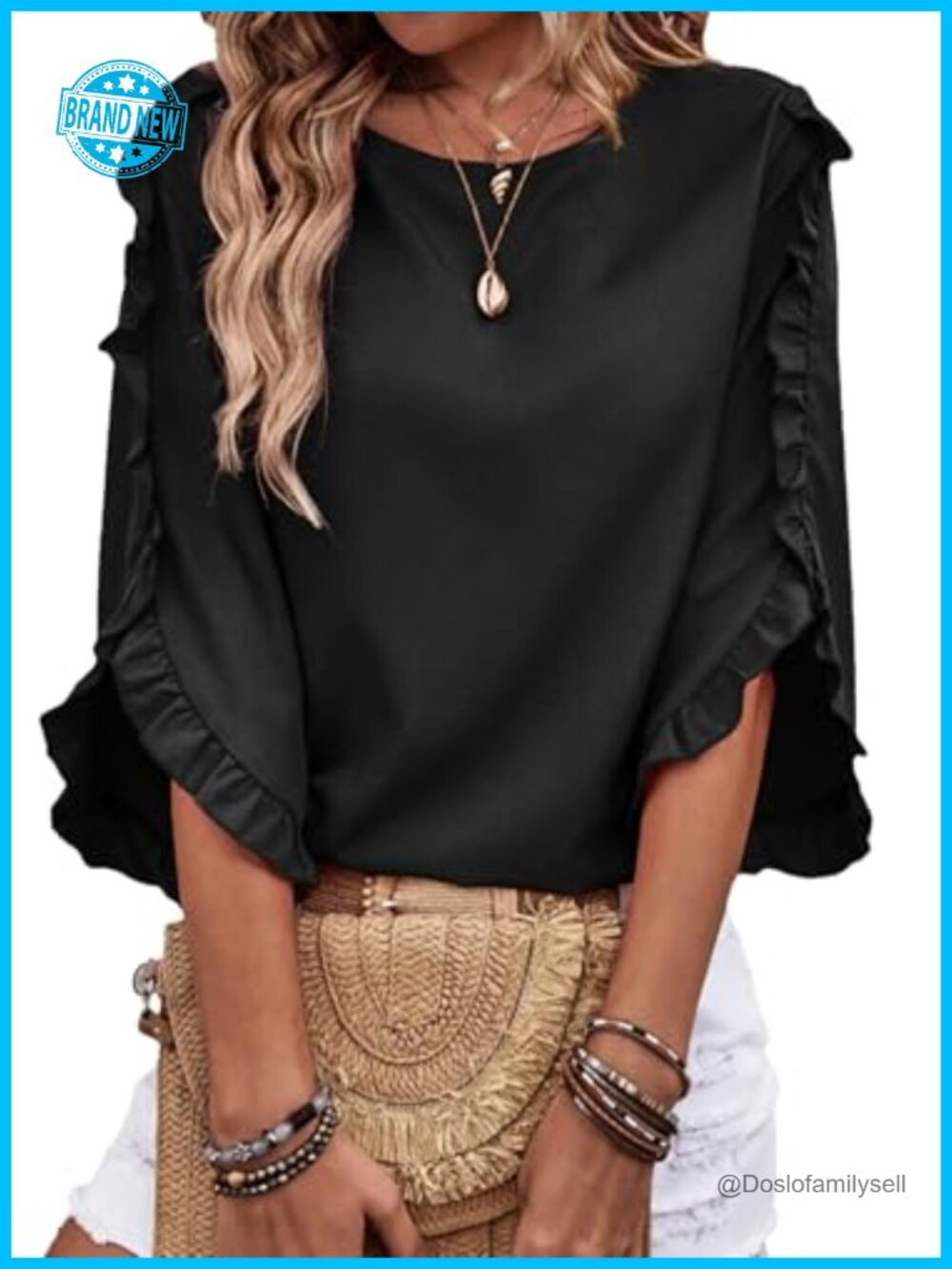 Womens 3/4 Sleeve Ruffle Blouse Crewneck Flowy Work Top